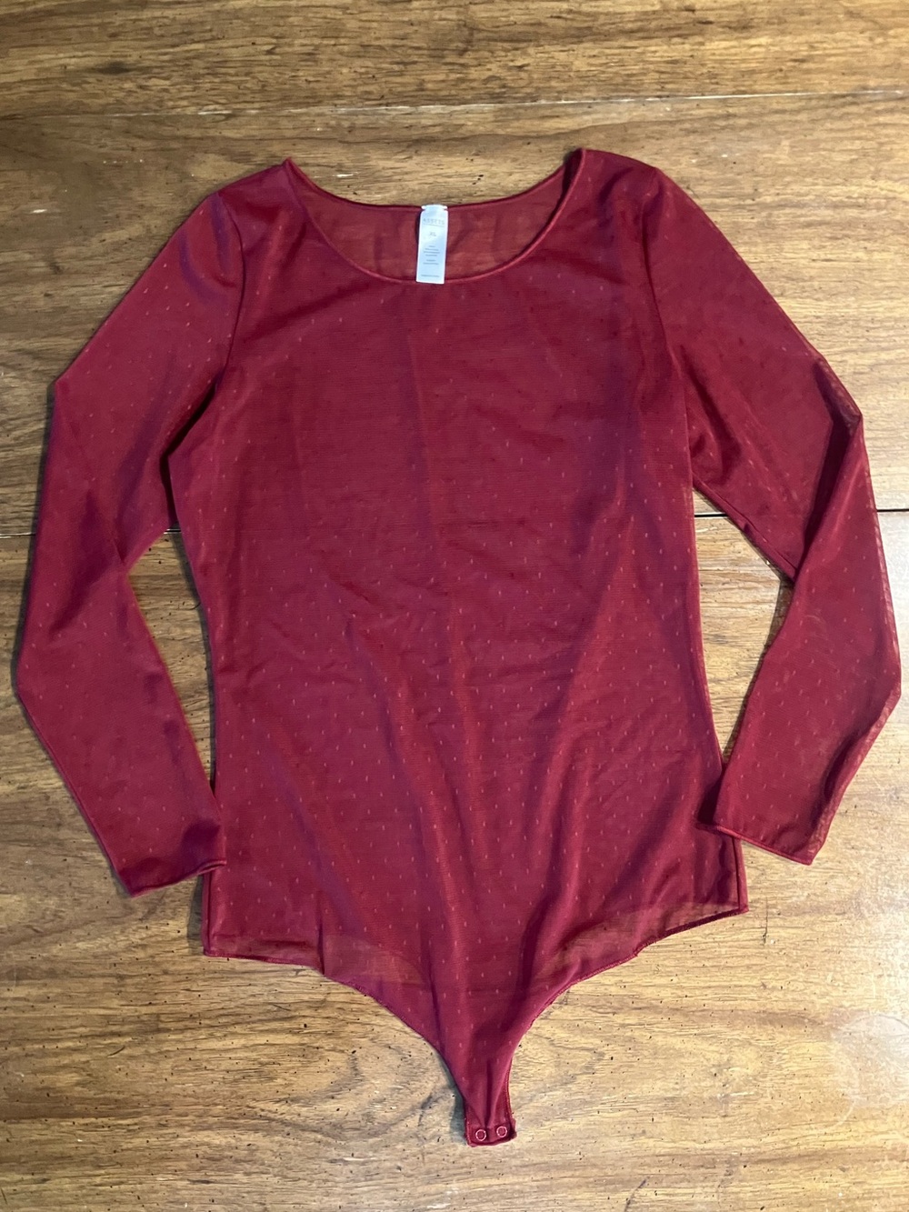 Assets Spanx Burgundy Sheer Mesh Dot Bodysuit Long Sleeve XL Coquette Whimsigoth